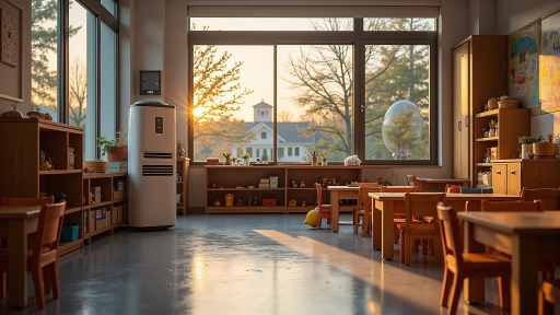 明德学校校园全景，现代化教学设施，绿树成荫，学生在操场活动
